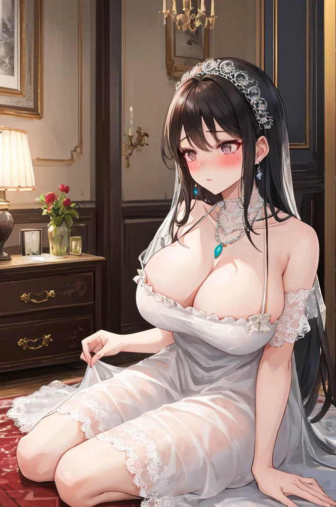 (A woman with big tits)，Attractive women，Married，35 years old，clavicle，Protruding and smooth breasts，Gemstone Necklace，European style nightdress，Lace，Intricate details，Beautifully，Charm，Detailed modern living room background，(blush)，