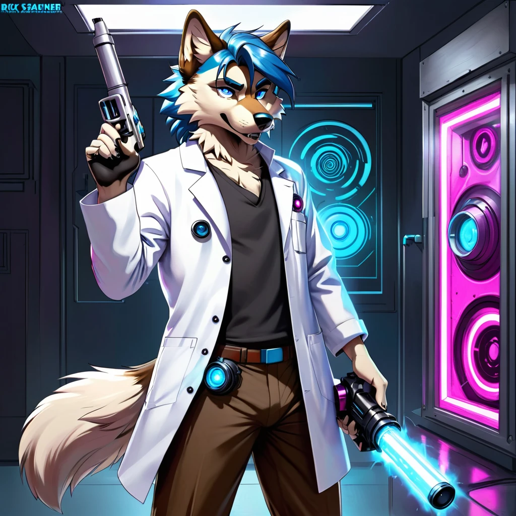 Sexy wolf, Male, furry, blue white, and fuchsia, rick sanchez, black eyes, blue hair, white lab coat, brown pants, holding one of rick sanchez portal gun, nothing left hand(score_9,score_8_up,score_7_up,score_6_up,score_5_up,score_4_up)