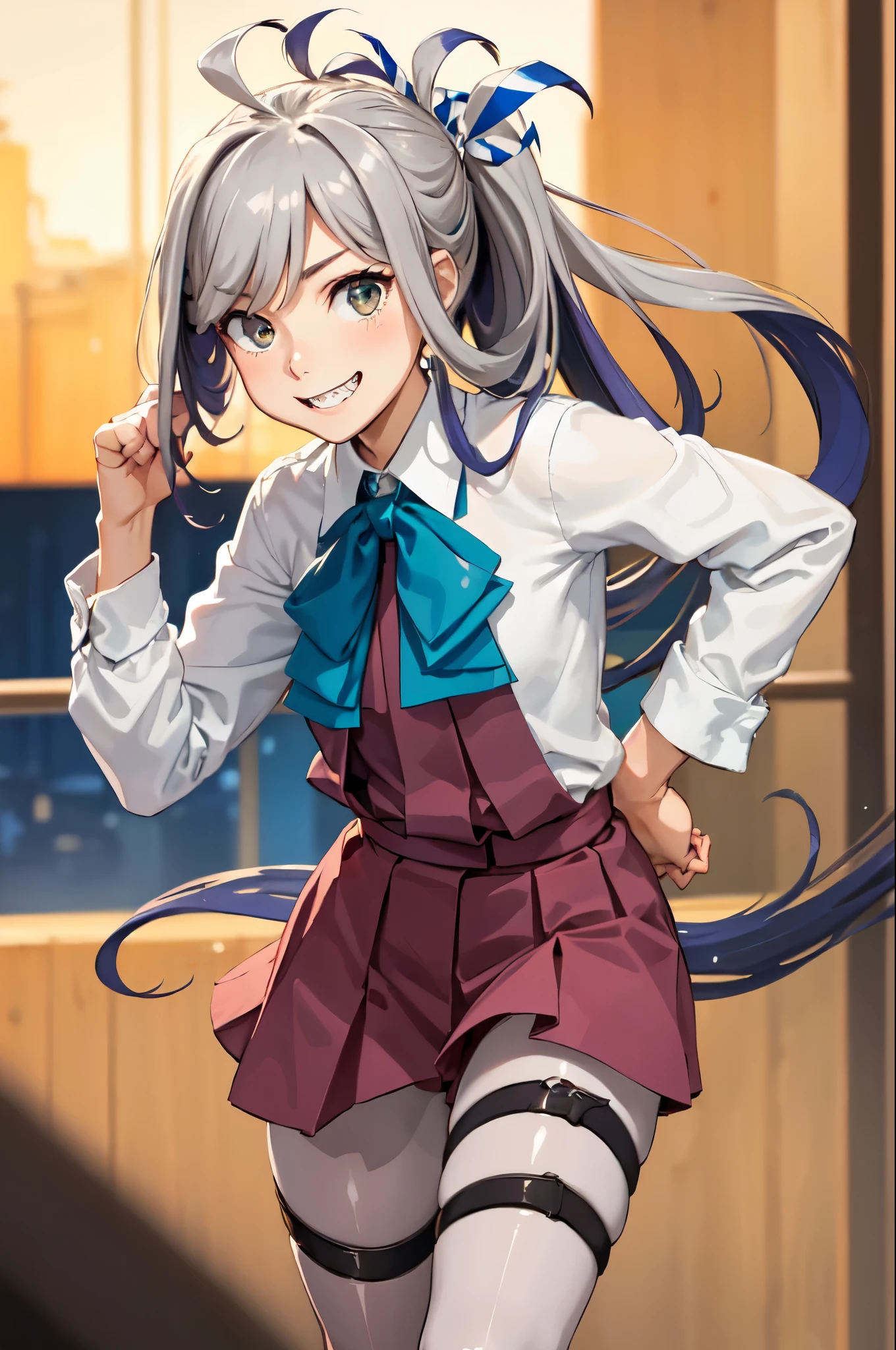 (masterpiece, Highest quality:1.2), Cowboy Shot, alone, One girl, Asahimo Kaiji, Sharp teeth, Grin, View your viewers, Hair on one eye, Ahoge, ponytail, school uniform, Halter neck, Grey pantyhose