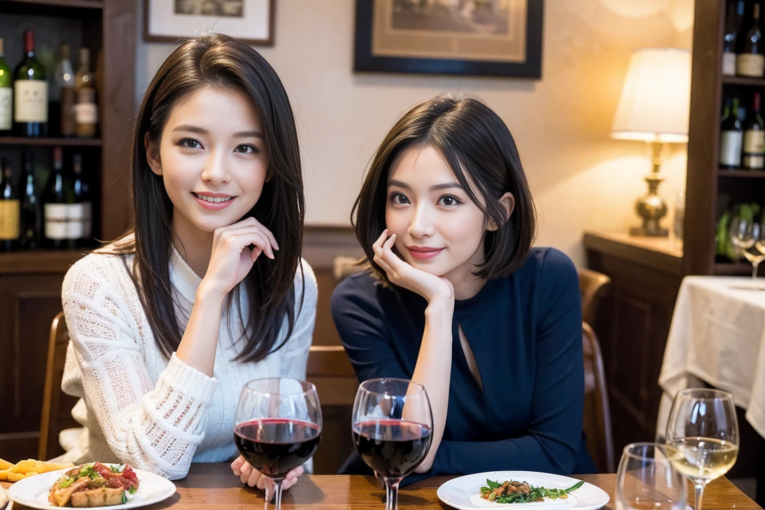 ((Highest quality、8k、masterpiece:1.3))、Slim Couple、Model Couple、(Realistic, Intricate details:1.2), full-course dinner、wine 、Amazing view of the sunset sky and clouds、A bright smile、The wonderfulness of smiles、Bright image、wineの美しさ, Beautiful Face, blue eyes, The light shines on your face, blush, short hair,Bright Face、 (Age 35), 38 years old, 赤wine 、Appetizers、Italian food、wine bottle、Champagne、スパークリングwine、Two beauties、Brown Hair、Shortcuts、Long sleeve shirt、dress、Two beautiful women