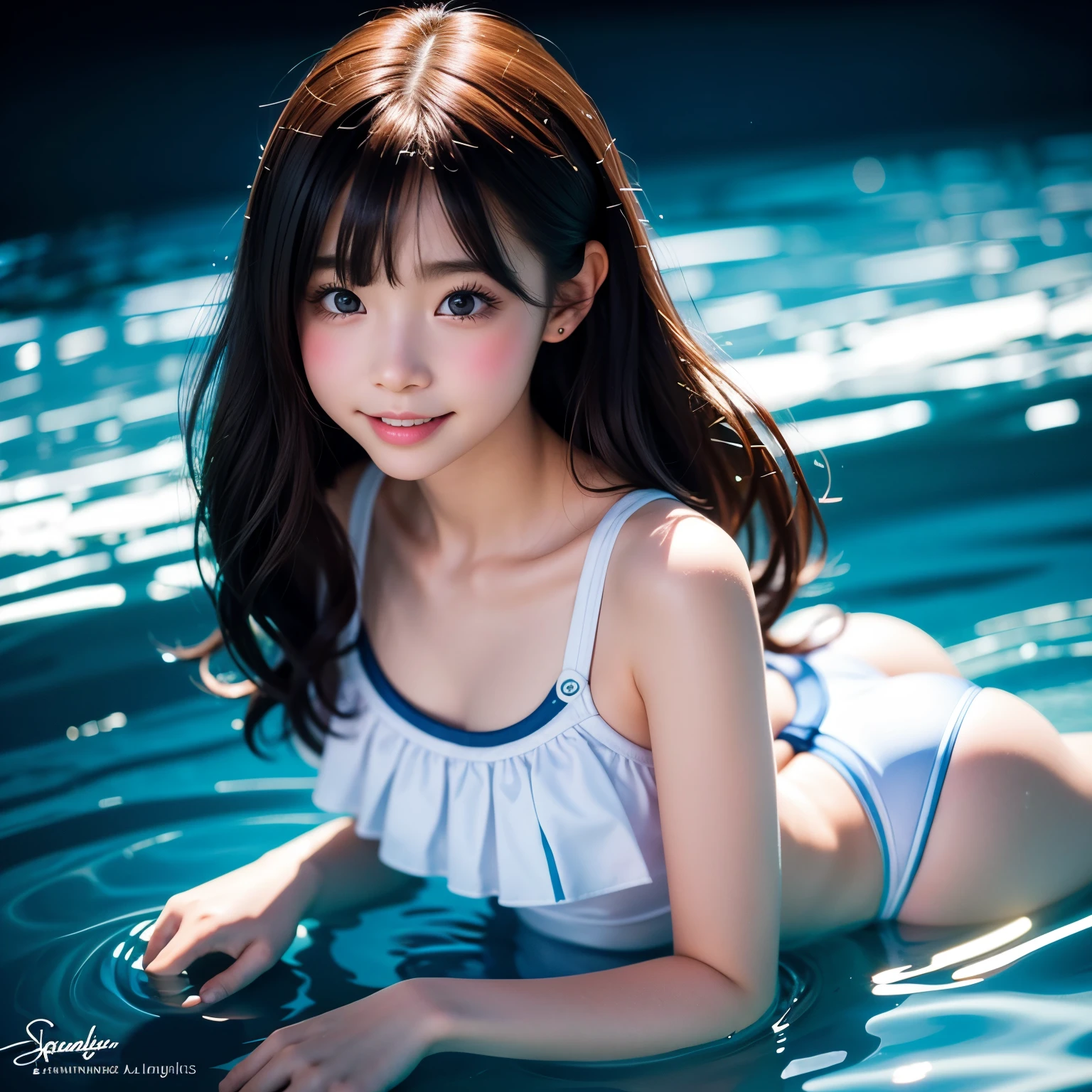 (ExtremelyDetailed ((Personification as a LittleGirl of (School Swimwear)))) DelicateClothing Textures, (TopQuality Masterpiece of 8K UltraDetailed DigitalPainting), PerfectLighting, Absurd MysticSight Tyndall Effect Scattering  (((Starry Water Particles BokeH))), (Assfocus RoundlyButts) SFW  BREAK  (Acutance:0.88) [NOGIZAKA FaceVariations] Extremely Detailed KAWAII face, Childish PerfectAnatomy, CaptivatingGaze ReflectiveEyes with (SparklingHighlights:1.28), DoubleEyelids with (Delicate VoluminousLong Eyelashes:0.88), GlossyRED Lips with BeautifulDetails, PUNIPUNI RosyCheeks, Radiant PearlSkin with clear transparency, Glowing DowneyHair, { (Dynamic Joyful expressions LifeLike Rendering:1.4) | (:d) } . (large eyes:-1) . (Lens Flare:-0.5) (((KissableTongue Kissing to camera))from above)