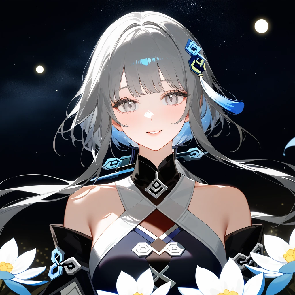 1girl, guizhong_\(genshin_impact\),(grey hair),short_hair_with_long_locks in front and low ponytail in back,gradient_hair,(pale grey eyes with seafoam gradient),starry_sky_print,detached_sleeves white outside blue starry inside, hands completely hidden by long sleeves,stunning field of softly glowing cerulean and white glaze lilies,night scene,gentle smile,face focus, eye focus,ladyshadow,moonlight,glossy lips,vivid anime coloring,cel shading,smooth, soft dreamy focus,anklet,halter_top,white clothes,highly detailed,digital painting,bare_shoulders,barefoot,cool night tones, magical night scene,bokeh, professional,anemo colored fireflies,nebula of stardust and silvery vapor,harmonious blend of nature and art,transcendent beauty,awe-inspiring artwork,(best quality,4k,8k,highres,masterpiece:1.2),yunamaro,carnelian,dsmile,cosmic stardust