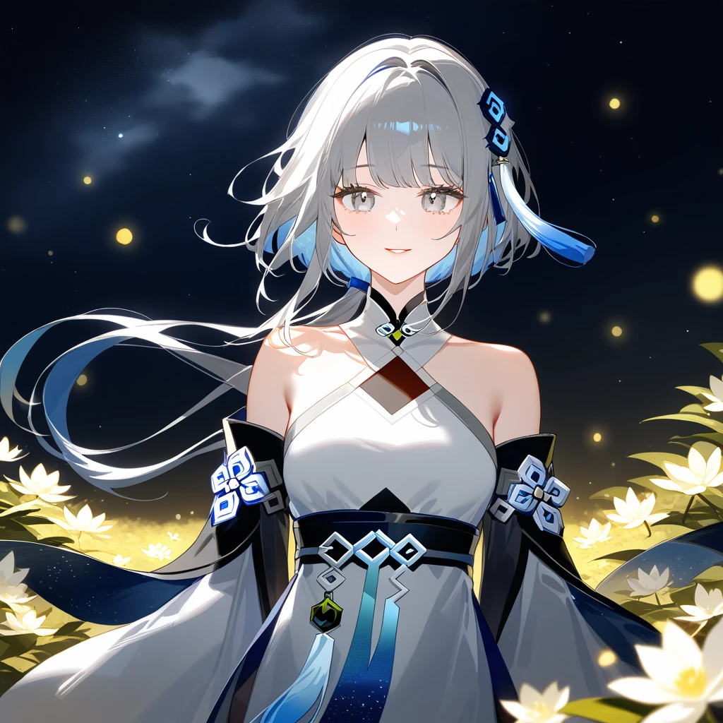 1girl, guizhong_\(genshin_impact\),(grey hair),short_hair_with_long_locks in front and low ponytail in back,gradient_hair,(pale grey eyes with seafoam gradient),starry_sky_print,detached_sleeves white outside blue starry inside, hands completely hidden by long sleeves,stunning field of softly glowing cerulean and white glaze lilies,night scene,gentle smile,face focus, eye focus,ladyshadow,moonlight,glossy lips,vivid anime coloring,cel shading,smooth, soft dreamy focus,anklet,halter_top,white clothes,highly detailed,digital painting,bare_shoulders,barefoot,cool night tones, magical night scene,bokeh, professional,anemo colored fireflies,nebula of stardust and silvery vapor,harmonious blend of nature and art,transcendent beauty,awe-inspiring artwork,(best quality,4k,8k,highres,masterpiece:1.2),yunamaro,carnelian,dsmile,cosmic stardust