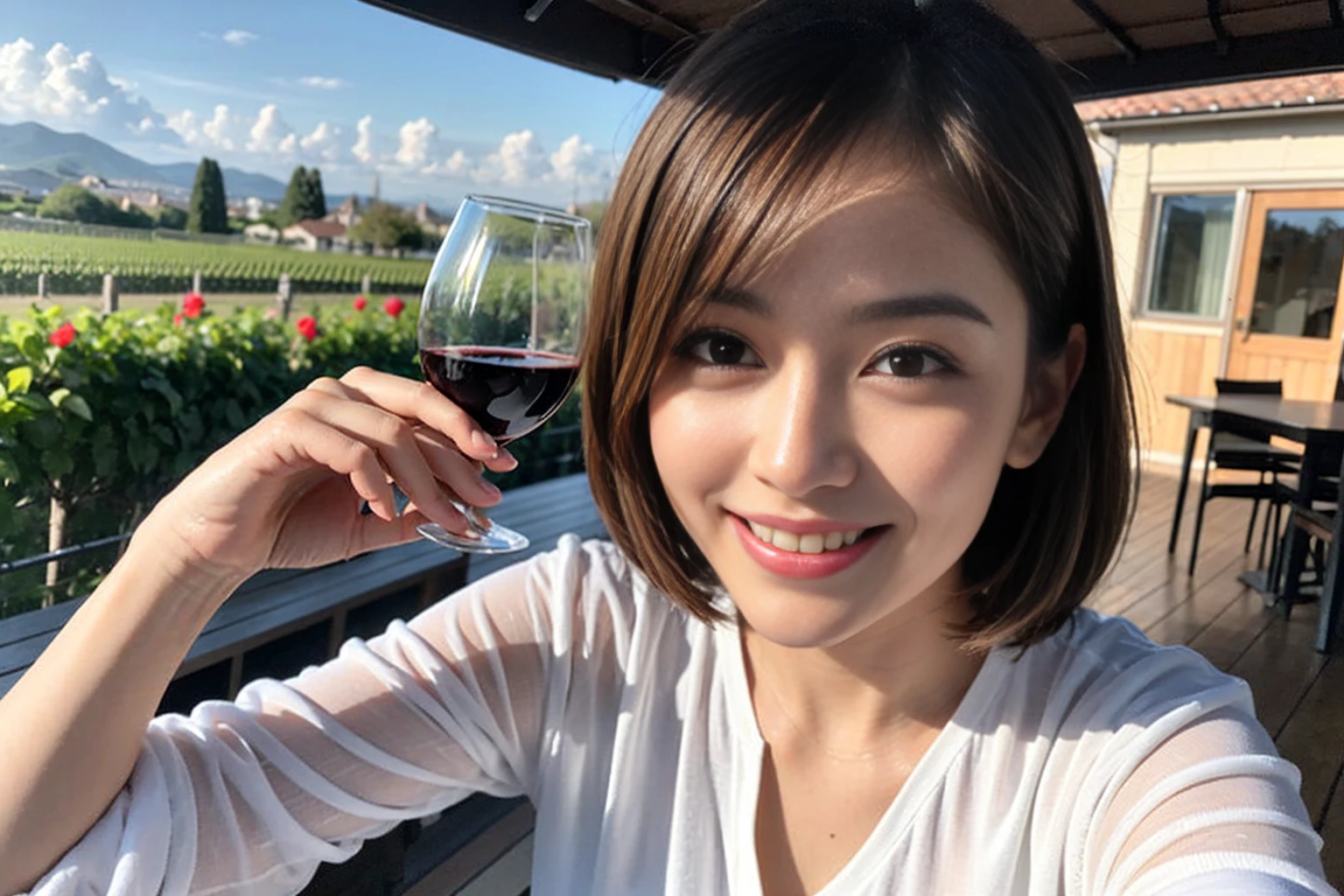 (Realistic:1.1),(masterpiece,Highest quality),8k,(56 years old), 53 years old, ベリーslimボディ、slimカップル、Tight waist,Upper Body,full-course dinner、wine 、Amazing view of the sunset sky and clouds、Perfect Anatomy, Brown Hair, short hair,Random Hairstyles,((Highly detailed face and eyes:1.2)),Perfect golden ratio face,Long sleeve shirt、dress,(smile:1.2)、Shortcuts、cute、(Realistic, Intricate details:1.2), A bright smile、short hair,Bright Face、赤wine 、Appetizers、Italian food、wine bottle、Champagne、スパークリングwine、(slimな顔), (The body is slim), (Brown Hair), (Shortcuts), Upper Body, 白wine, slim, wineグラス,