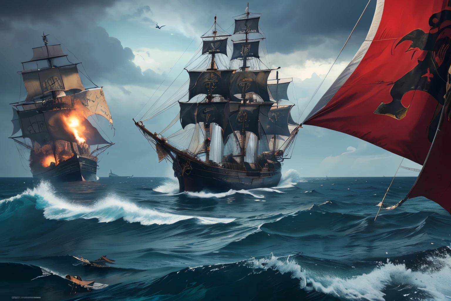 ((Masterpiece, top quality, high resolution, highly detailed CG unified 8K wallpaper)), Dramatic seascape of two pirate ships engaged in fierce combat, grand and dynamic poster, ships wave pirate flags and flutter in gusts of wind, cannonballs fly and explode, throwing debris into the air, ominous dark clouds loom in the sky, threatening rain and chaos on the open sea, adventure film Poster,