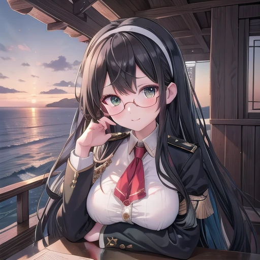 ((masterpiece)),(Highest quality),Official Art,Highly detailed CG,unity 8k wallpaper,Super detailed,Lighthouse on top of a cliff by the sea,One girl,一人in,Upper Body,(Portraiture:1.2),length_hair,Glasses,black thighhighs,black_hair,Seraphim,School_uniform,hairband,green_eye,Hip_Discharge,length_sleeve,Looking_in_Audience,red_tie,green_skirt,pleined_skirt,Under Rim_Glasses,Large Breasts、long hair