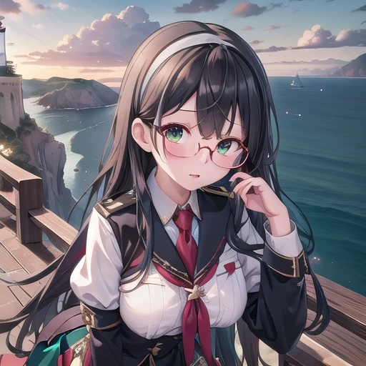 ((masterpiece)),(Highest quality),Official Art,Highly detailed CG,unity 8k wallpaper,Super detailed,Lighthouse on top of a cliff by the sea,One girl,一人in,Upper Body,(Portraiture:1.2),length_hair,Glasses,black thighhighs,black_hair,Seraphim,School_uniform,hairband,green_eye,Hip_Discharge,length_sleeve,Looking_in_Audience,red_tie,green_skirt,pleined_skirt,Under Rim_Glasses,Large Breasts、long hair