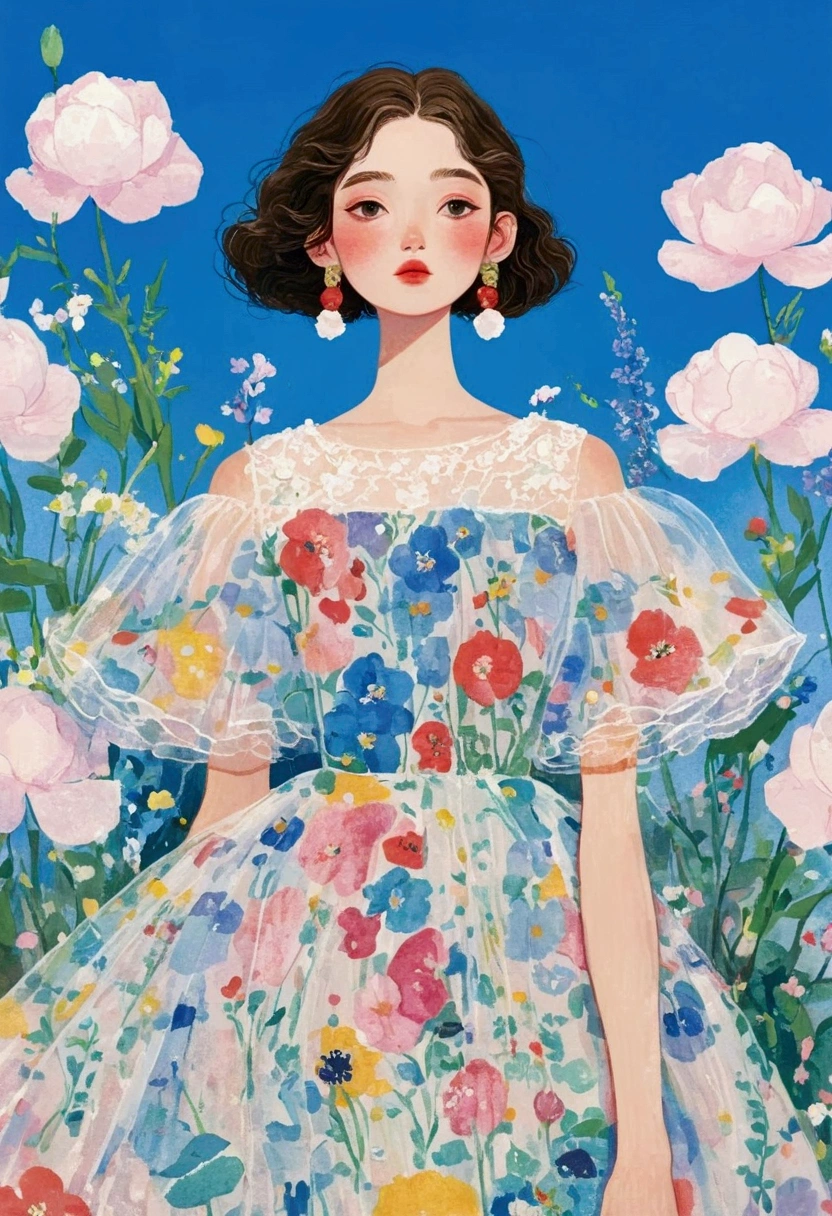 The painting shows a woman in a dress standing among flowers,Fluffy tulle skirt， Popular trends on artstration, 一幅美丽的艺术illustration, Beautiful digital illustrations, 彩色illustration, author：Golden Farmer, 详细的时装illustration, Wearing a floral dress, Porcelain skin. Studio Ghibli, illustration, Mei Qing, 创辉illustration, Fantasy illustrations, author：unbelievable