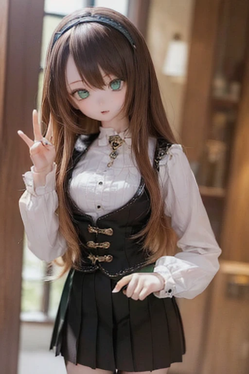 (SFW:2), photorealistic, realistic photo, 8k, ((highest quality)), ((masterpiece)), (extremely detailed), kukolnydom, doll, (mature woman, 21yo, 21 years old, solo:1.6), ((cowboy shot, standing, head tilt, slim, slender, skinny, medium breasts, hairband, ascot, dress shirt, long puff sleeves, pleated skirt)), (green eyes, brown hair, long hair, plastic skin, looking at another, glass eyes, gradient eyes, shining eyes, detailed eyes:1.3)