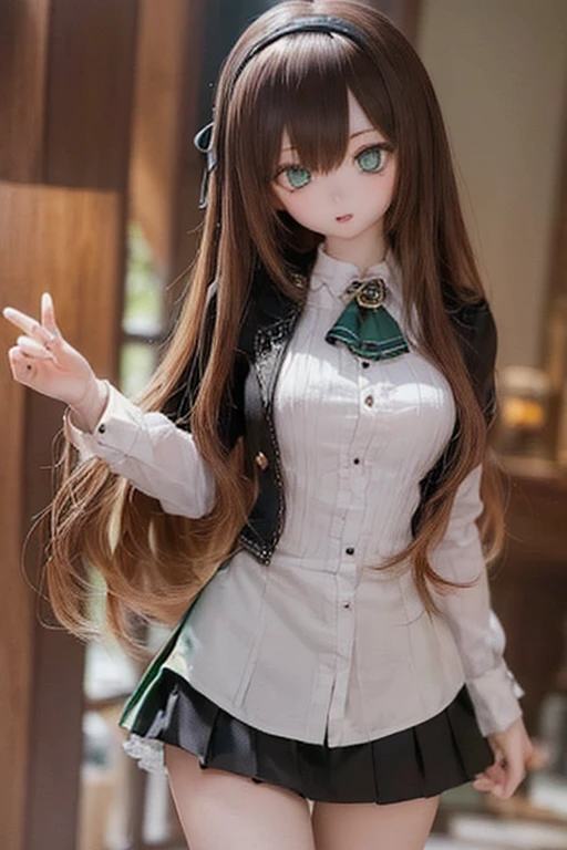 (SFW:2), photorealistic, realistic photo, 8k, ((highest quality)), ((masterpiece)), (extremely detailed), kukolnydom, doll, (mature woman, 21yo, 21 years old, solo:1.6), ((cowboy shot, standing, head tilt, slim, slender, skinny, medium breasts, hairband, ascot, dress shirt, long puff sleeves, pleated skirt)), (green eyes, brown hair, long hair, plastic skin, looking at another, glass eyes, gradient eyes, shining eyes, detailed eyes:1.3)