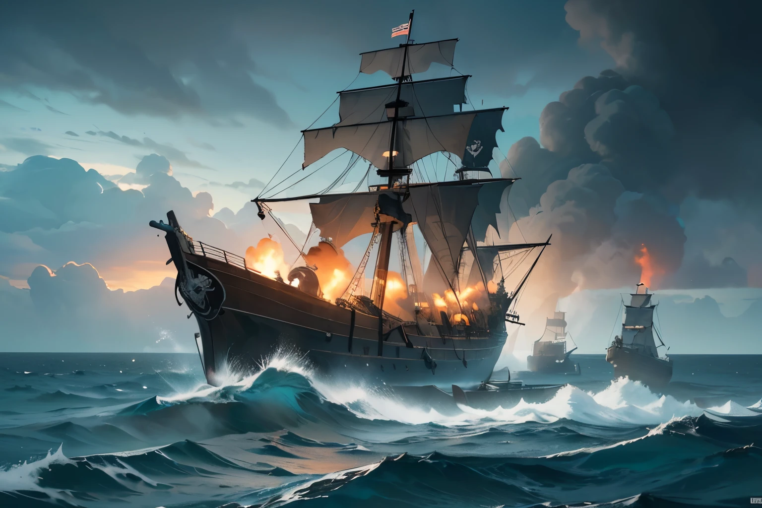((Masterpiece, top quality, high resolution, highly detailed CG unified 8K wallpaper)), Dramatic seascape of two pirate ships engaged in fierce combat, grand and dynamic poster, ships wave pirate flags and flutter in gusts of wind, cannonballs fly and explode, throwing debris into the air, ominous dark clouds loom in the sky, threatening rain and chaos on the open sea, adventure film Poster,