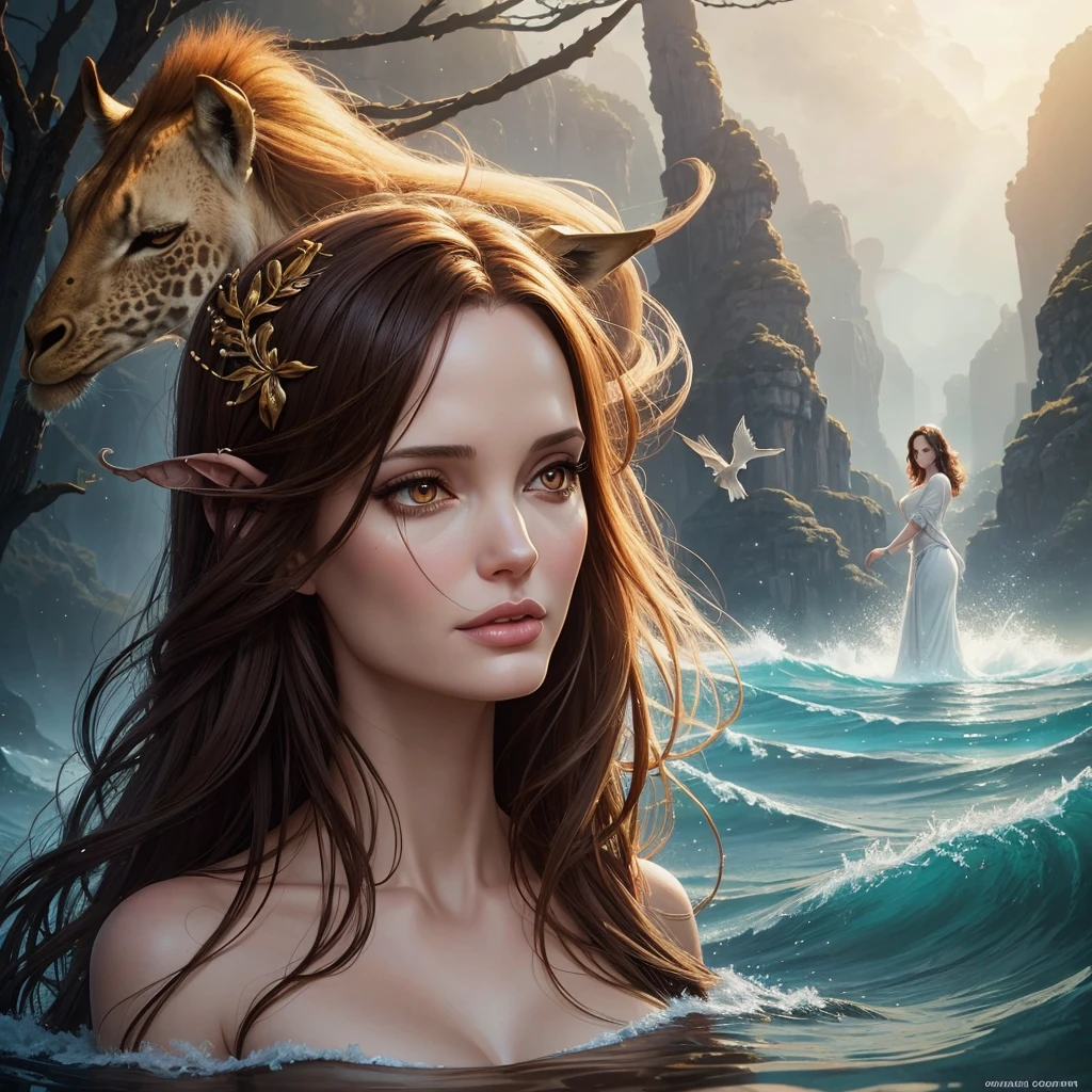 golden hour, front view oil painting of a woman with face of Winona Ryder morphed with Angelina Jolie laughing with gigantic hairdo floating on water, giraffe morphed with lion emerges from water in the background, tears of joy, storks, stunning digital illustration, beautiful fantasy art portrait, a beautiful artwork illustration, charlie bowater rich deep colors, artstyle tom bagshaw, beautiful digital illustration, beautiful fantasy portrait, portrait of a dark fantasy nymph, exquisite digital illustration, in style of anna dittmann
