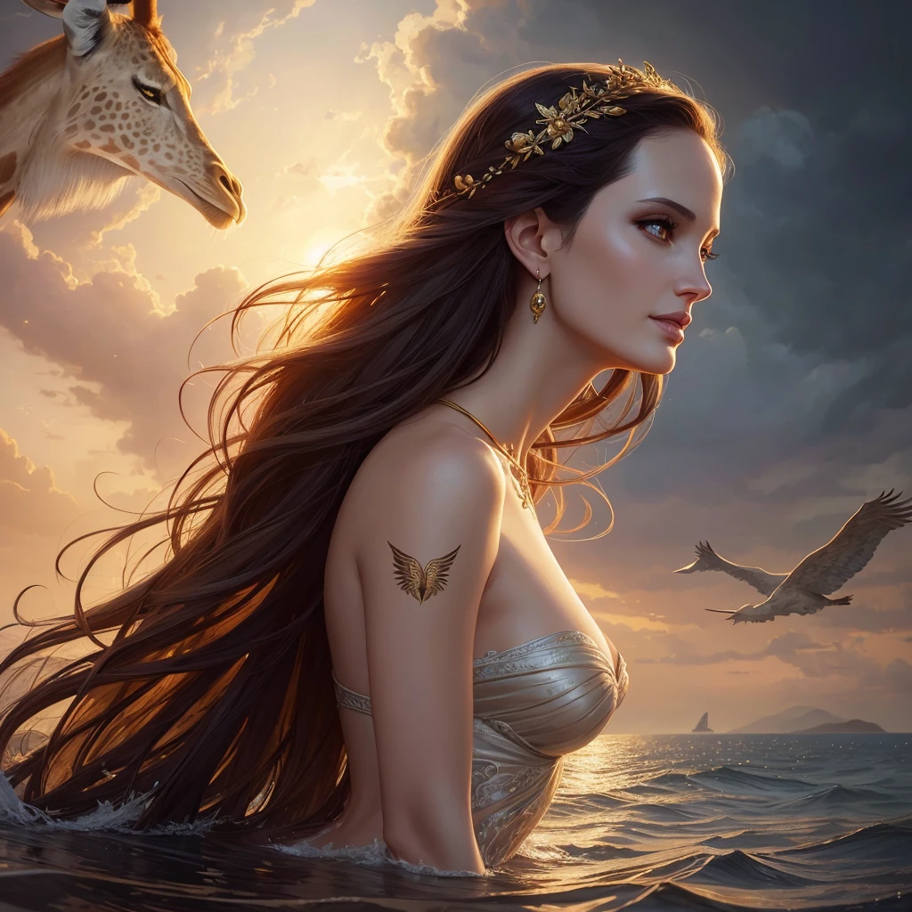 golden hour, front view oil painting of a woman with face of Winona Ryder morphed with Angelina Jolie laughing with gigantic hairdo floating on water, giraffe morphed with lion emerges from water in the background, tears of joy, storks, stunning digital illustration, beautiful fantasy art portrait, a beautiful artwork illustration, charlie bowater rich deep colors, artstyle tom bagshaw, beautiful digital illustration, beautiful fantasy portrait, portrait of a dark fantasy nymph, exquisite digital illustration, in style of anna dittmann