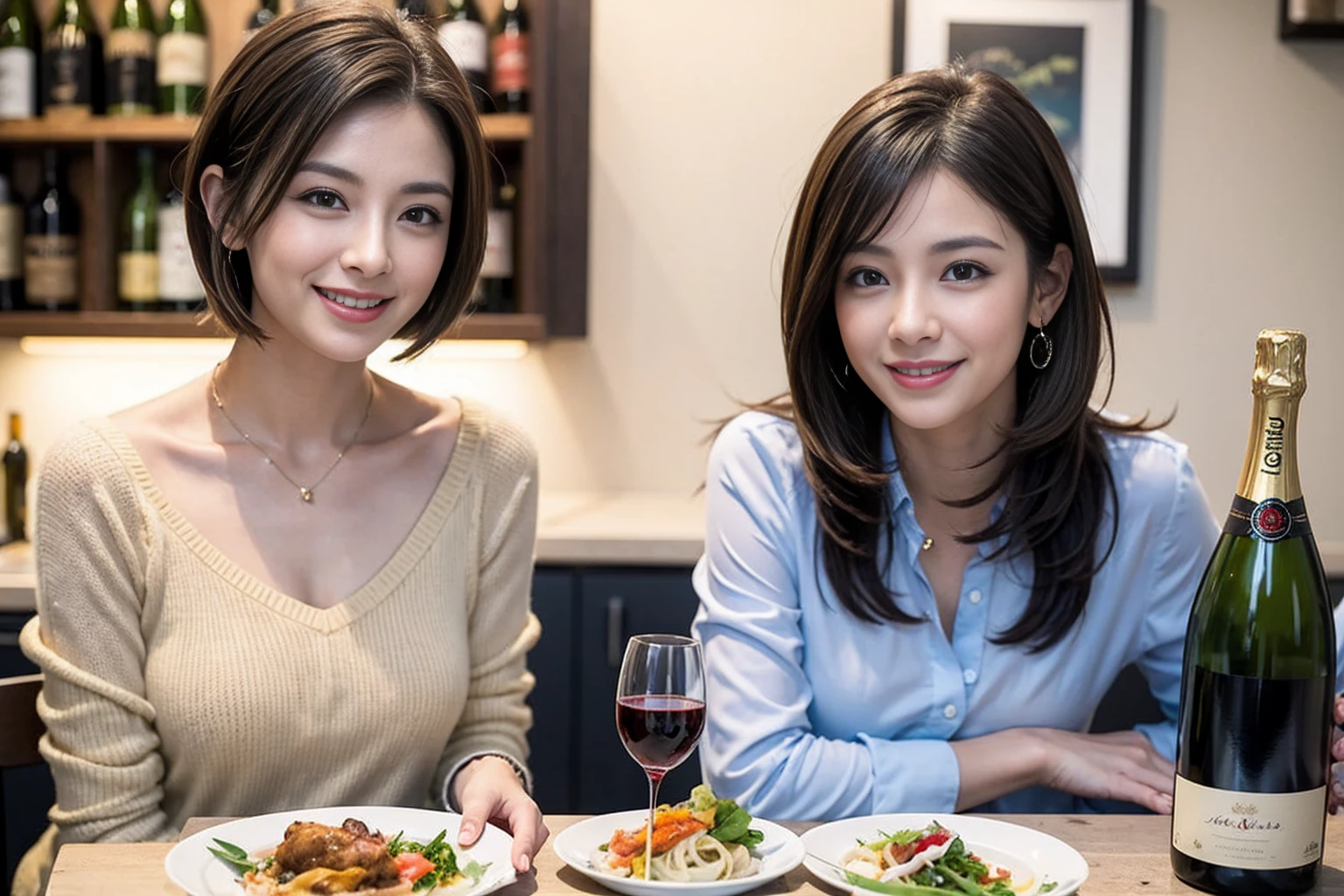 （Realistic:1.1）,(masterpiece,Highest quality)，8k,(56 years old), 53 years old, ベリーslimボディ、slimカップル、Tight waist,Upper Body,full-course dinner、wine 、Amazing view of the sunset sky and clouds、Perfect Anatomy, Brown Hair, short hair,Random Hairstyles,((Highly detailed face and eyes:1.2))，Perfect golden ratio face，Long sleeve shirt、dress,(smile:1.2)、Shortcuts、cute、(Realistic, Intricate details:1.2), A bright smile、short hair,Bright Face、赤wine 、Appetizers、Italian food、wine bottle、Champagne、スパークリングwine、(slimな顔), (The body is slim), (Brown Hair), (Shortcuts),  Upper Body, 白wine, slim, wineグラス, 