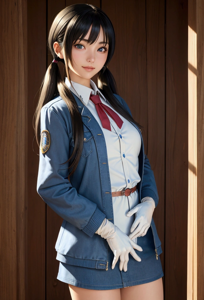 2D, masterpiece, Highest quality, anime, Highly detailed face, Highly detailed eyes, Highly detailed background, Perfect lighting, Cowboy Shot, One girl, alone, Aki Rosenthal, Slingshot、Short dress, Short sleeve, Blue jacket, Black knee socks, Hair loss, Long Hair, Low twin tails, Bobcut, tie,White gloves, Elbow hand pockets, Wide Hips, smile, Are standing, office