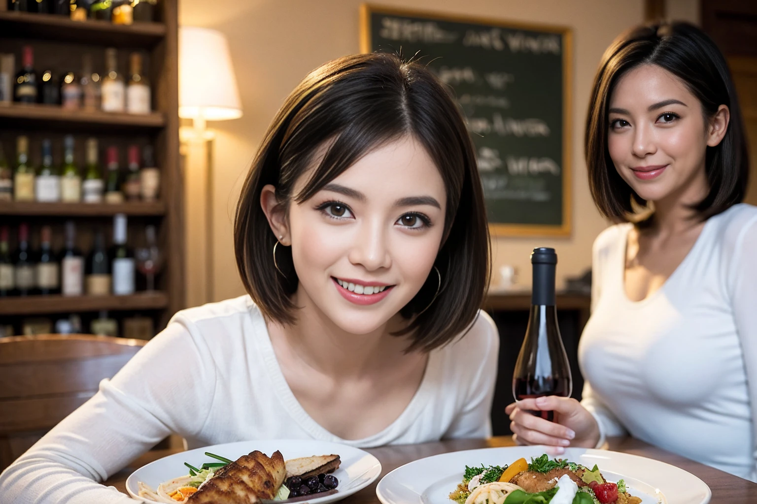 （Realistic:1.1）,(masterpiece,Highest quality)，8k,(56 years old), 53 years old, ベリーslimボディ、slimカップル、Tight waist,Upper Body,full-course dinner、wine 、Amazing view of the sunset sky and clouds、Perfect Anatomy, Brown Hair, short hair,Random Hairstyles,((Highly detailed face and eyes:1.2))，Perfect golden ratio face，Long sleeve shirt、dress,(smile:1.2)、Shortcuts、cute、(Realistic, Intricate details:1.2), A bright smile、short hair,Bright Face、赤wine 、Appetizers、Italian food、wine bottle、Champagne、スパークリングwine、(slimな顔), (The body is slim), (Brown Hair), (Shortcuts),  Upper Body, 白wine, slim, wineグラス, 