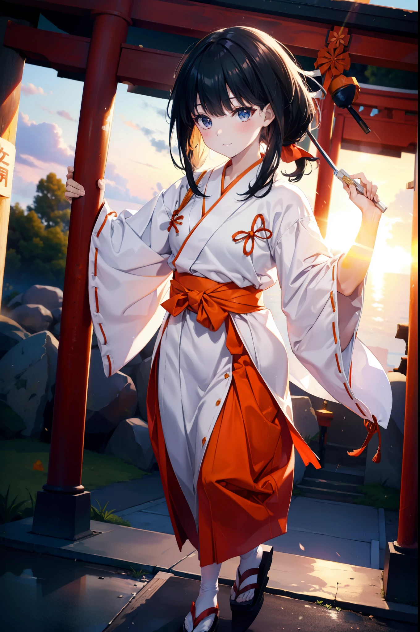 Rikka body,  Black Hair, blue eyes, Long Hair, orange Scrunchie, Scrunchie, wrist Scrunchie,smile,blush,White Kimono, kimono,Red Hakama,White tabi,Sandals Wide Sleeve, Long sleeve, Ribbon-trimmed sleeves,  Blunt bangs, Low ponytail, Are standing,whole bodyがイラストに入るように,sunset,evening,The sun is setting,
break outdoors, shrine,torii,
break looking at viewer, whole body,
break (masterpiece:1.2), Highest quality, High resolution, unity 8k wallpaper, (figure:0.8), (Beautiful attention to detail:1.6), Highly detailed face, Perfect lighting, Highly detailed CG, (Perfect hands, Perfect Anatomy),