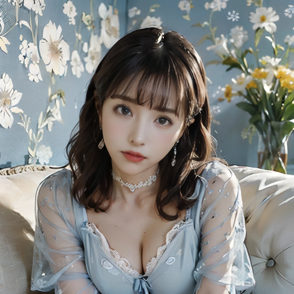 ((((Highest quality))))、(((Ultra-precision CG16K wallpaper)))、(((masterpiece)))、(((Very detailed)))、(((Extremely detailed)))、((129 year old mature woman:1.6))、((とてもbeautiful日本人の顔))、((Yua Mikami:1.5))、((Straight medium hair、Blunt bangs:1.5))、(Shiny brown hair)、eyeliner、eye shadow、High nose、Small nostrils、Small Mouth、Seductive lips、beautiful breasts、((C cup size breasts))、Cleavage、Voluptuous body、eight-headed body、Perfect Proportions、Perfect Anatomy、Perfect composition、beautiful detailed shading、beautiful, Natural light、beautiful detail glow、Written boundary depth、(((High chroma)))、(((Genuine:1.9)))、((Vivid:1.5))、((beautiful Skin))、((Skin Texture))、((Genuineな皮膚感))、(((Bust Shot:1.6)))、((Front view、Shoot from the front、Front Low Angle:1.6))、(((close your eyes、Confused face、Frowning:1.6)))、((Woman with mouth wide open、Look forward:1.6))、Bright sunlight、Natural light、(((Woman sitting on cushion、Flower stem wallpaper:1.5)))、(Sleeping pose:1.6)、(((Light blue see-through lace negligee:1.6)))、((Earrings、Wearing a choker:1.3))、(1 girl)