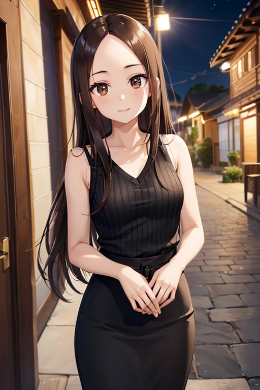 Takagi-san、Shiny brown hair, Long Hair,((Medium chest、Forehead、Center part))、 Beautiful brown eyes、smile、Sparkling eyes, (fine grain)、Very fine eye、Very detailed顔, Very detailed目, Cowboy Shot、 


(Absurd), (Intricate details), (Very detailed), (View your viewers), (masterpiece:1.2),(Highest quality:1.2), 
(girl), (Glowing Skin:1.2), Cinematic,  Medium chest, Outdoor, town,  Very long hair,
 Van, (black_theme), curious face, black hair, (night:1.2),
(Sleeveless ribbed cropped sweater and pencil skirt), Are standing,
