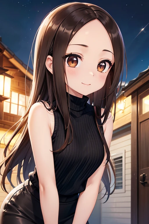 Takagi-san、Shiny brown hair, Long Hair,((Medium chest、Forehead、Center part))、 Beautiful brown eyes、smile、Sparkling eyes, (fine grain)、Very fine eye、Very detailed顔, Very detailed目, Cowboy Shot、 


(Absurd), (Intricate details), (Very detailed), (View your viewers), (masterpiece:1.2),(Highest quality:1.2), 
(girl), (Glowing Skin:1.2), Cinematic,  Medium chest, Outdoor, town,  Very long hair,
 Van, (black_theme), curious face, black hair, (night:1.2),
(Sleeveless ribbed cropped sweater and pencil skirt), Are standing,
