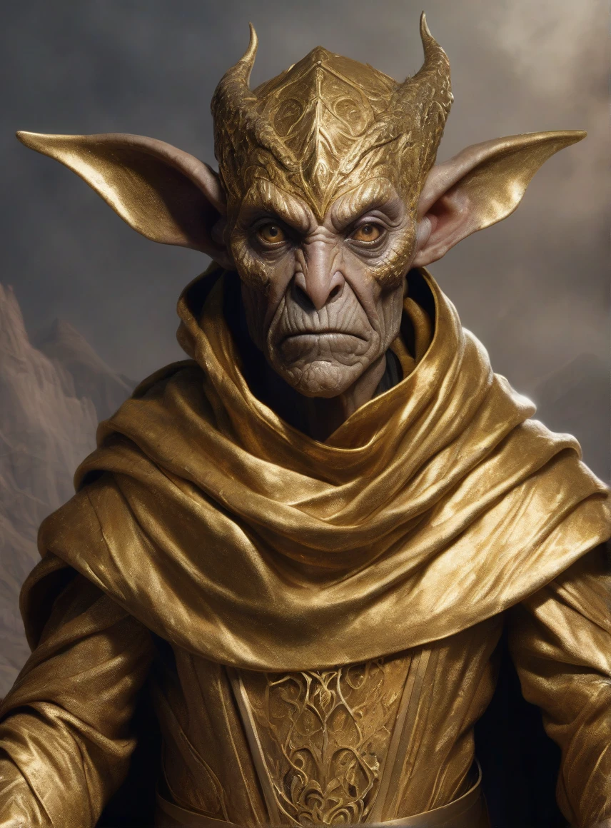 Cinematic close-up, strong posture, intimidating expression, A fantastical creature that combines the best qualities of humans, animal, and mythological features, wearing shabby gold robes, Worn Mage Costume, A ragged scarf flutters around my neck,