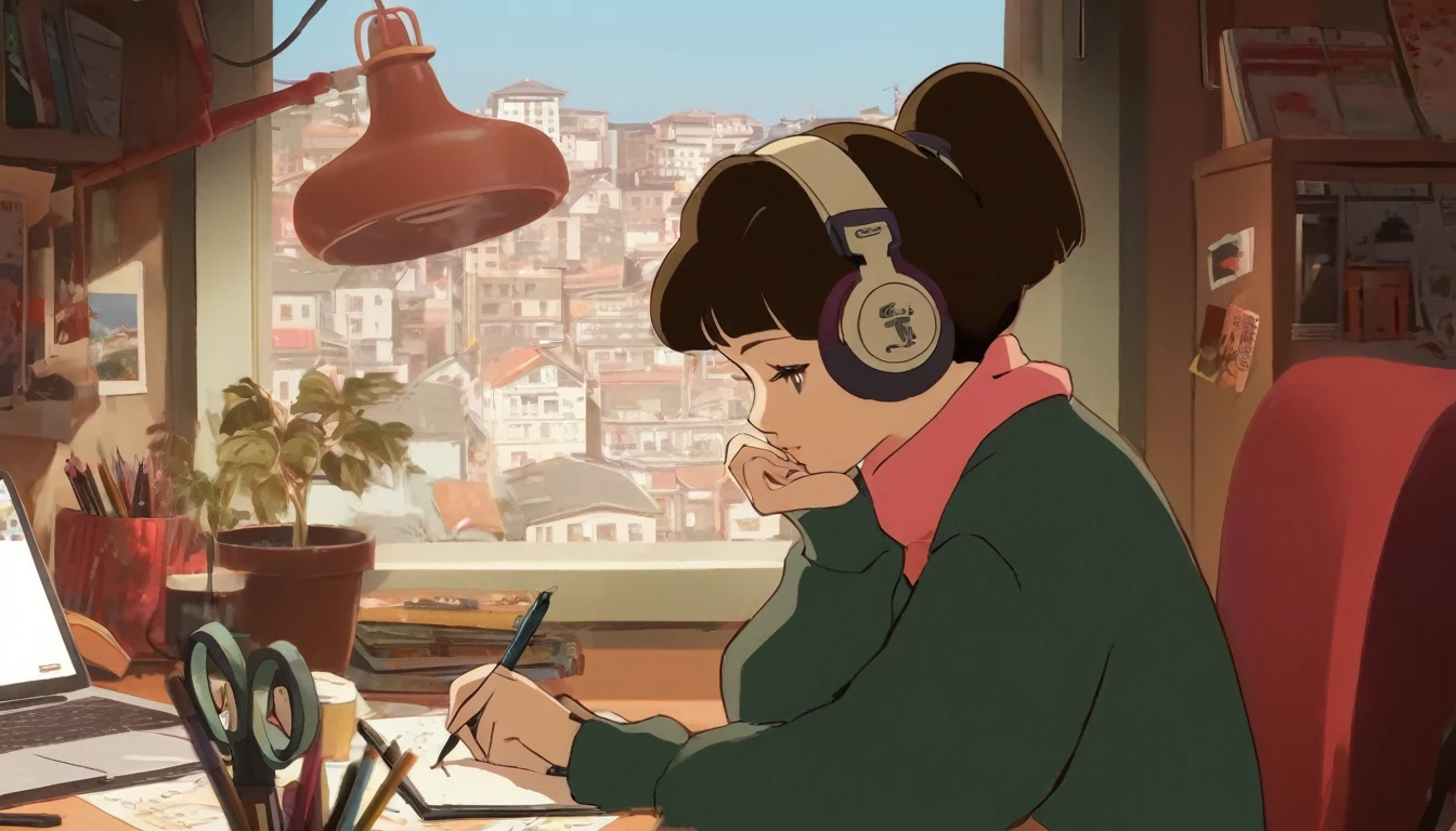 Anime girl sitting at a desk writing with headphones on, praise girl, praise artstyle, praise art, praise portrait, praise feel, praise girl aesthetic, praise colors, Atei Gailan Style, praise vibes, praise, praise hip hop, praise portrait at a window, praise vibe