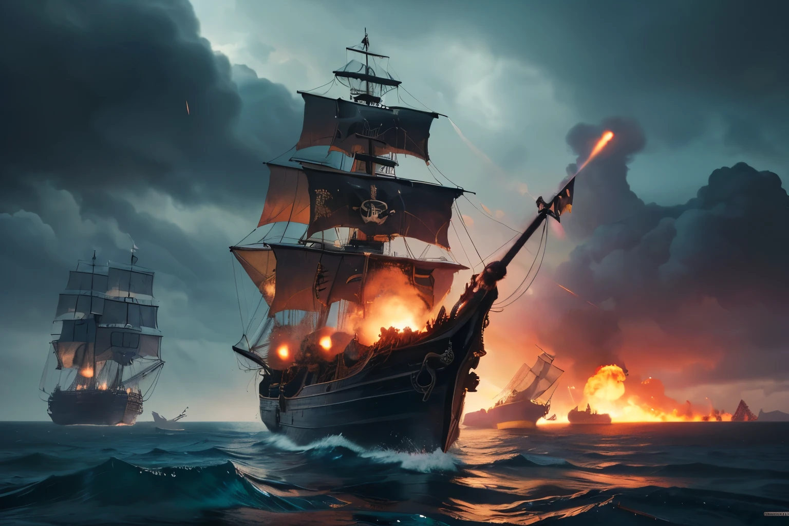 Pirate War, ((Masterpiece, top quality, high resolution, highly detailed CG unified 8K wallpaper)), (dramatic seascape of two pirate ships firing cannons at each other at close range:1.5), a spectacular and dynamic poster with columns of fire and water, rain and thunder; a pirate flag with a skull symbol waving in a gust of wind; cannonballs flying and causing explosions, throwing debris into the air; ominous dark clouds in the sky threatening rain and chaos; an adventure movie poster; a pirate ship with a skull symbol in a pirate ship's hull. ominous dark clouds looming in the sky, threatening rain and chaos on the open sea, adventure movie poster,