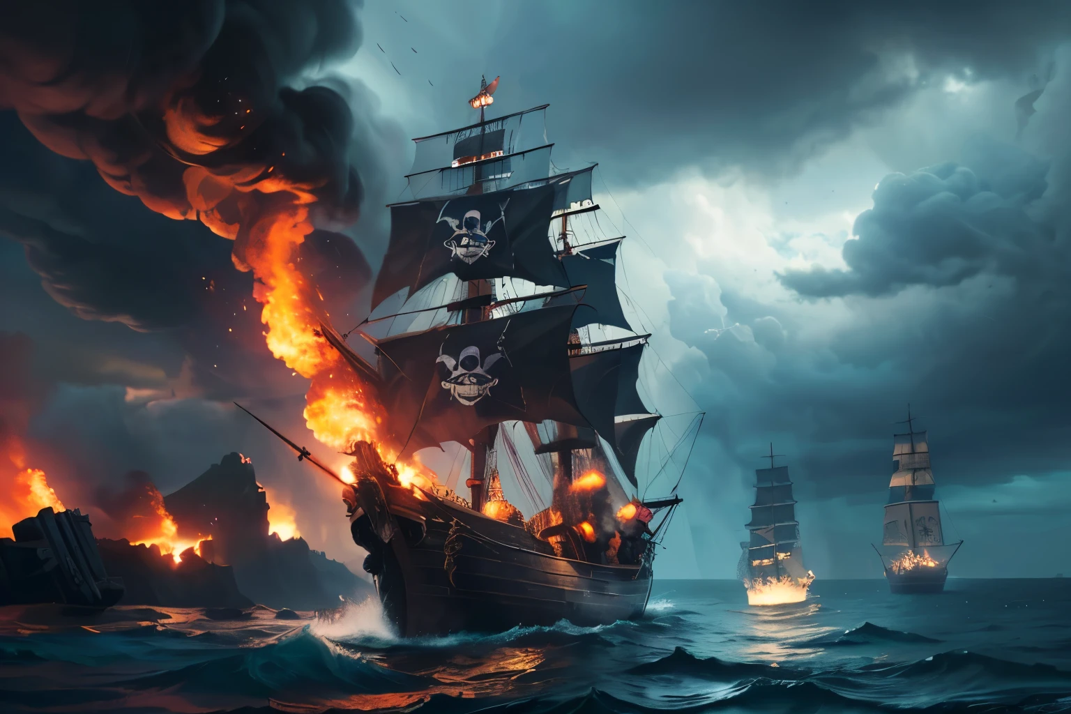 Pirate War, ((Masterpiece, top quality, high resolution, highly detailed CG unified 8K wallpaper)), (dramatic seascape of two pirate ships firing cannons at each other at close range:1.5), a spectacular and dynamic poster with columns of fire and water, rain and thunder; a pirate flag with a skull symbol waving in a gust of wind; cannonballs flying and causing explosions, throwing debris into the air; ominous dark clouds in the sky threatening rain and chaos; an adventure movie poster; a pirate ship with a skull symbol in a pirate ship's hull. ominous dark clouds looming in the sky, threatening rain and chaos on the open sea, adventure movie poster,