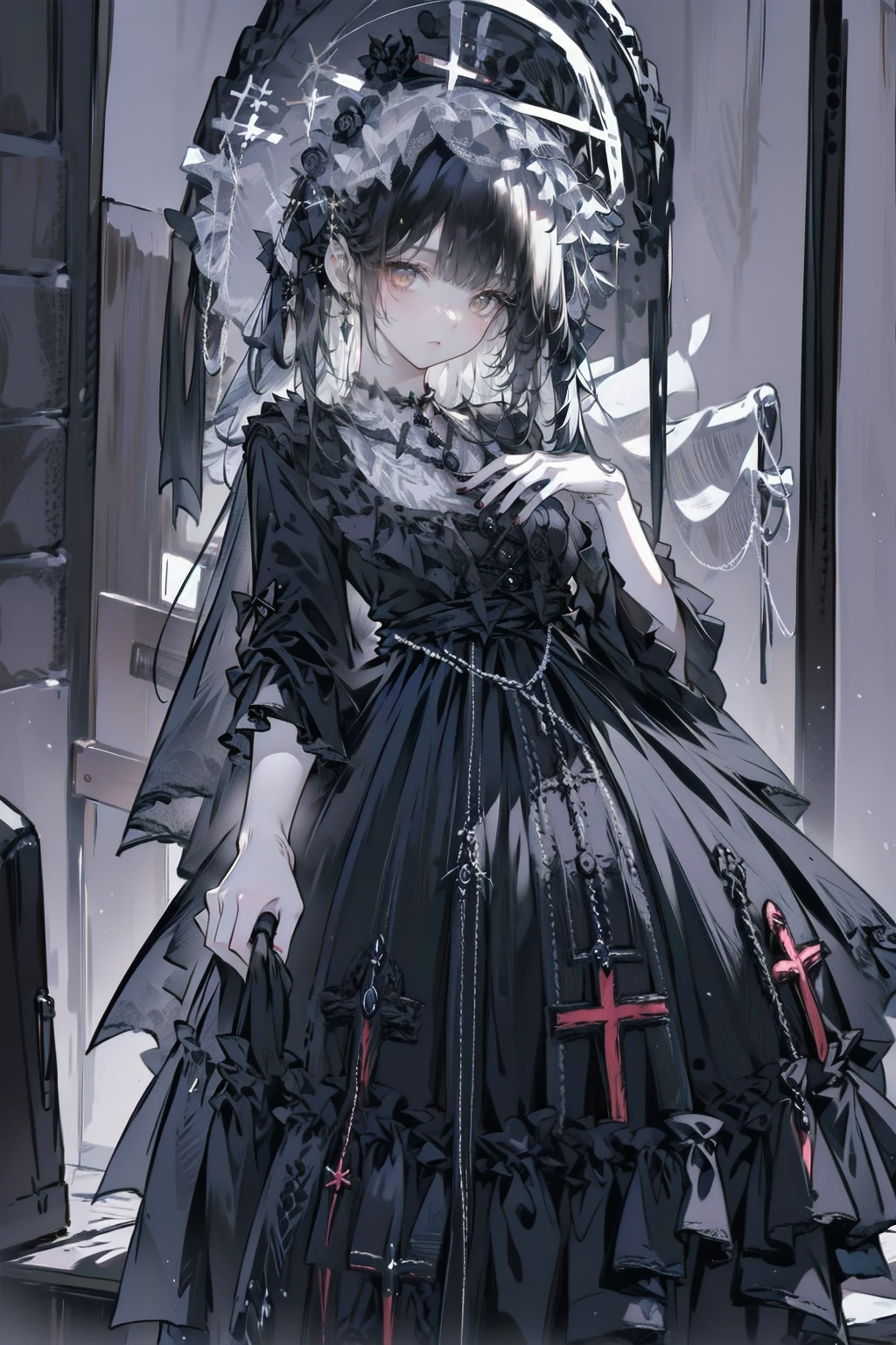 Create an image set with a photorealistic dark chapel, Illuminated only by moonlight, Featuring an anime-style girl character as the central character. She is portrayed as an evil guru., She is wearing a jet black dress with a striking black veil., Pale skin, And long black nails. Her eyes are bright red, Adding to her eerie presence. Pagan God々Surround her with symbols of, Integrating them into the dark chapel environment. The contrast between the realistic chapel and the stylized anime girl should be striking., Emphasizing the integration of various artistic mediums.