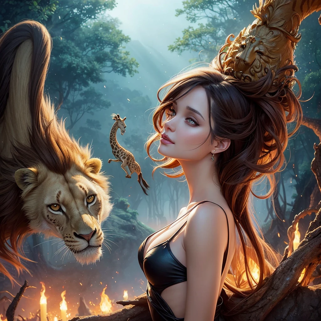 golden hour, front view oil painting of a woman with face of Winona Ryder morphed with Angelina Jolie laughing with gigantic hairdo floating on water, giraffe morphed with lion emerges from water in the background, tears of joy, storks, stunning digital illustration, beautiful fantasy art portrait, a beautiful artwork illustration, charlie bowater rich deep colors, artstyle tom bagshaw, beautiful digital illustration, beautiful fantasy portrait, portrait of a dark fantasy nymph, exquisite digital illustration, in style of anna dittmann