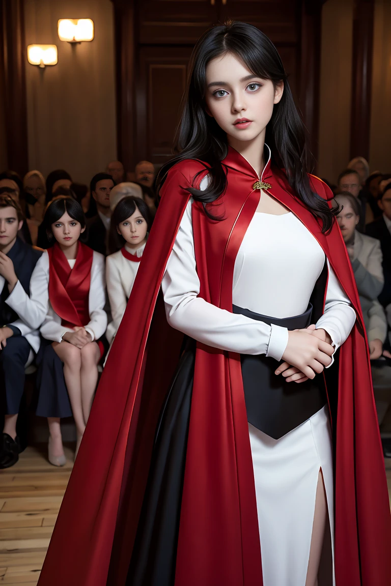 masterpiece, 最high quality, high quality, 1 girl, alone, Female focus, Watching the audience, Messy black hair, Adorable big blue eyes, White people, Noble, Noble,Sexy voluminous black and red cape、Tuxedo、A very voluminous, large, very large, very large, long, long red and black cape with a high stand-up collar, reaching down to the floor, made of a lot of fabric., 17 years old,Cute beautiful boys,Cute, cute, kind, pretty girl