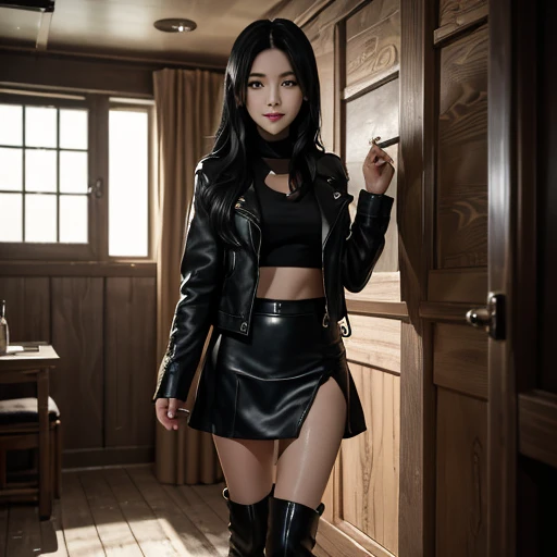 (high resolution、Real Photography:1.2)、dark and mysterious room、evening、twilight atmosphere、hideout、Secret places、desolate world、sense of security、claustrophobic room、No escape、despair。leather jacket、high heel boots、mini skirt、long black hair、gentle smile、beautiful young woman