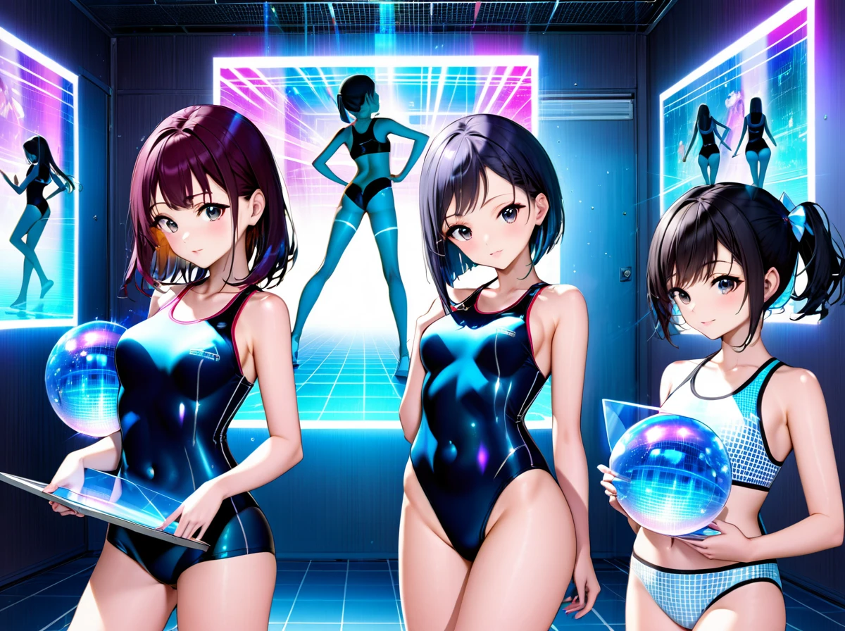 School swimsuit 3girls, cyber world, hologram,　School swimsuit, cyber world, Hologram, SF, gleaming, glamourous