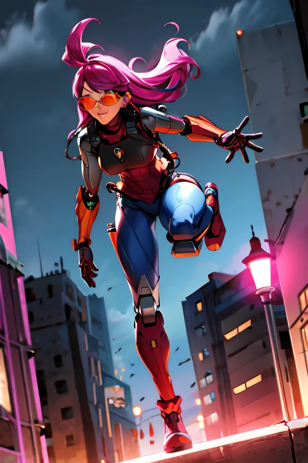 ((best quality)), ((masterpiece)), (detailed), ((best quality)), ((masterpiece)), (detailed), robotic spiderman(full robot costum blue metallic and red), ((orange rayban eyes)) wearing gas mask) is floating while shooting the webs wichis it comes out from his hands, in the city building from the outside 360° dark view at nights, moonlighting in the sky, clouds, builings, (colorfull)