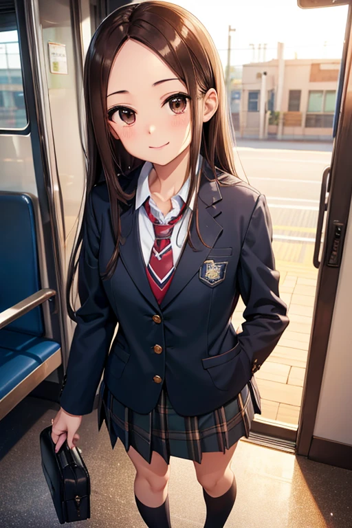 Takagi-san、Shiny brown hair, Long Hair,((Medium chest、Forehead、Center part))、 美しいBrown eyes、smile、Sparkling eyes, (fine grain)、Very fine eye、非常にDetailed face, Highly detailed eyes, Cowboy Shot、
masterpiece、Highest quality、High resolution、Realistic、Bright lighting、Professional Lighting、Face Light、Smooth lighting、
Cute school girl、Cute uniform girl、A 16-year-old beautiful girl with a sexy and cute expression, 美しい and sexy face、、Dark blue blazer with emblem on left chest、White blouse、Dark green casual tie、Dark green and dark navy tartan check mini skirt、Dark navy blue socks、Brown leather shoes、Brown Loafers、
so beautiful、Beautiful Skin、Beautiful and detailed、Detailed face、Brown eyes、Beautiful feet、Standing on the train、smile、Full Body Shot、turn around、