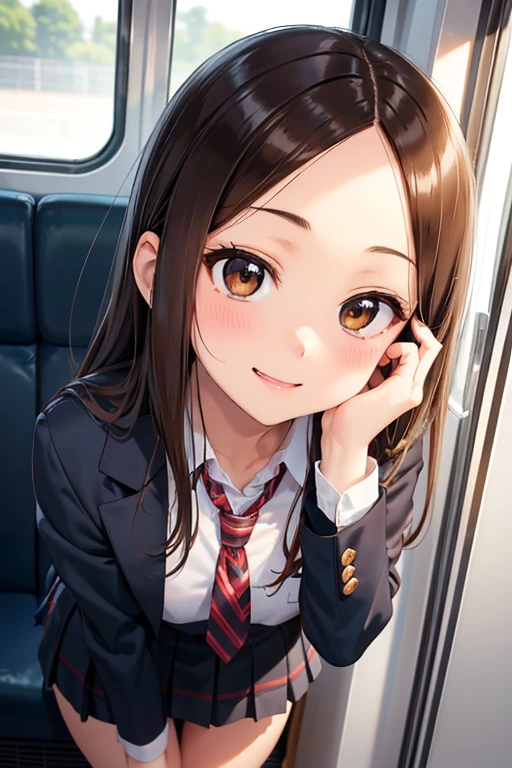 Takagi-san、Shiny brown hair, Long Hair,((Medium chest、Forehead、Center part))、 美しいBrown eyes、smile、Sparkling eyes, (fine grain)、Very fine eye、非常にDetailed face, Highly detailed eyes, Cowboy Shot、 


masterpiece、Highest quality、High resolution、Realistic、Bright lighting、Professional Lighting、Face Light、Smooth lighting、
Cute school girl、Cute uniform girl、A 16-year-old beautiful girl with a sexy and cute expression, 美しい and sexy face、、Dark blue blazer with emblem on left chest、White blouse、Dark green casual tie、Dark green and dark navy tartan check mini skirt、Dark navy blue socks、Brown leather shoes、Brown Loafers、
so beautiful、Beautiful Skin、Beautiful and detailed、Detailed face、Brown eyes、Beautiful feet、Standing on the train、smile、Full Body Shot、turn around、