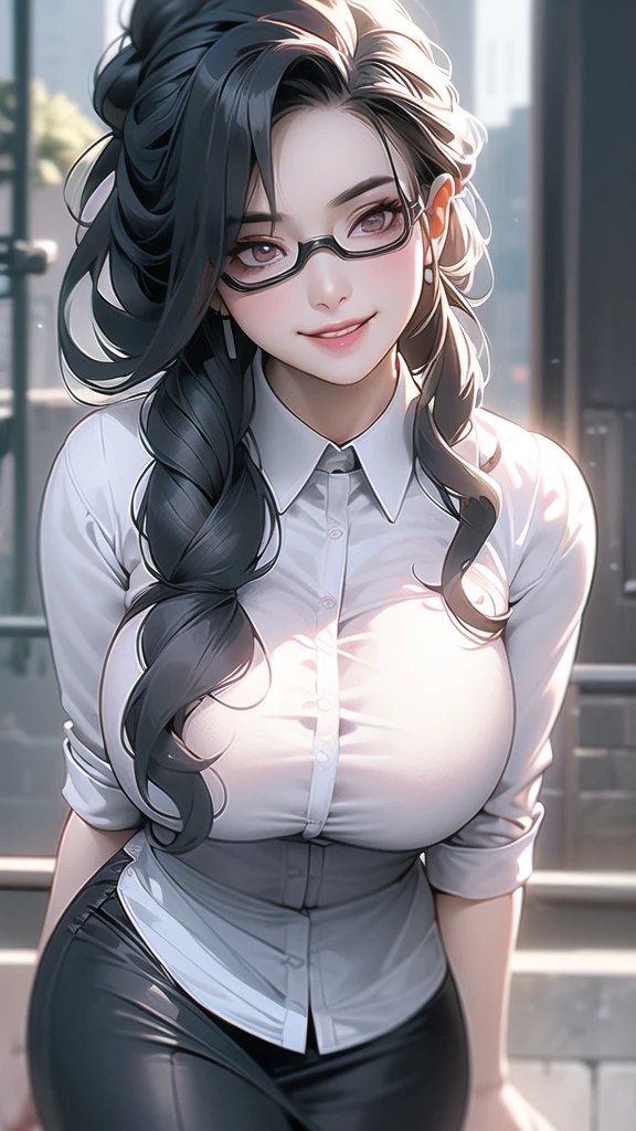 An office lady wearing white shirt and black skirt, she wears cat eye goggles, leaning forward, with big breasts and curvaceous perfect body, has a lewd smile on her face has raven black long hair tied into ponytail, perfect face, big eyes, slightly pointed ears, ultra high detailed, ultra high resolution.