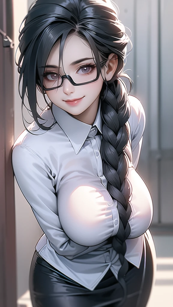 An office lady wearing white shirt and black skirt, she wears cat eye goggles, leaning forward, with big breasts and curvaceous perfect body, has a lewd smile on her face has raven black long hair tied into ponytail, perfect face, big eyes, slightly pointed ears, ultra high detailed, ultra high resolution.