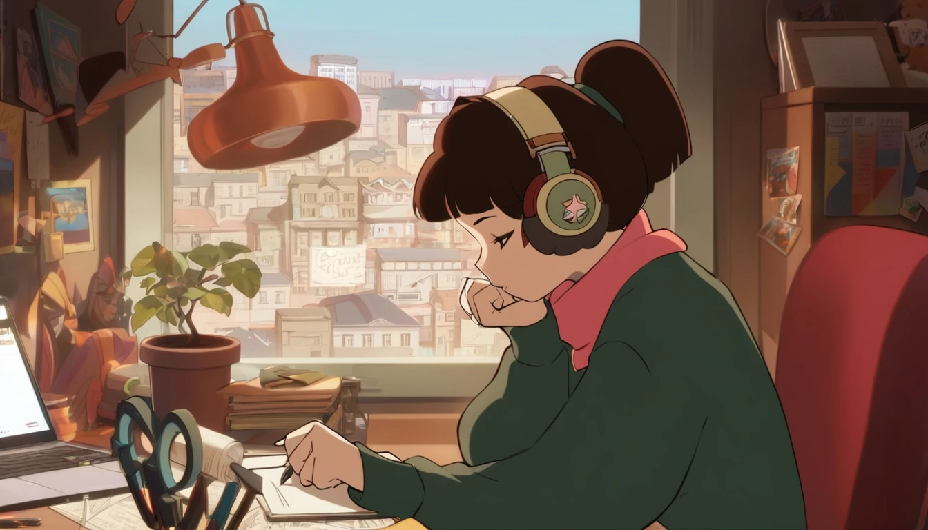 Anime girl sitting at a desk writing with headphones on, praise girl, praise artstyle, praise art, praise portrait, praise feel, praise girl aesthetic, praise colors, Atei Gailan Style, praise vibes, praise, praise hip hop, praise portrait at a window, praise vibe