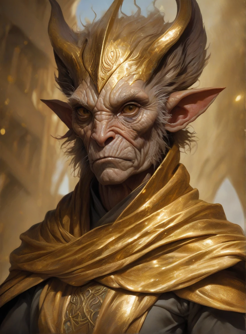 Cinematic close-up, strong posture, intimidating expression, A fantastical creature that combines the best qualities of humans, animal, and mythological features, wearing shabby gold robes, Worn Mage Costume, A ragged scarf flutters around my neck,percing au nez et au oreilles