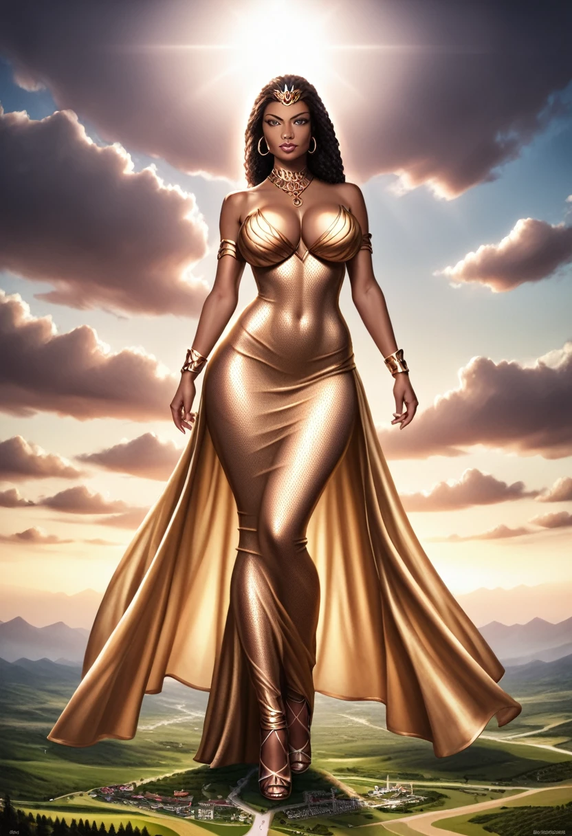 A beautiful African-American giantess princess, curvy and voluptuous figure, wearing tight-fitting fashionable clothes, thicc, detailed facial features, intricate dress design, fantasy landscape, dramatic lighting, cinematic composition, hyper-realistic, 8K, photorealistic, masterpiece