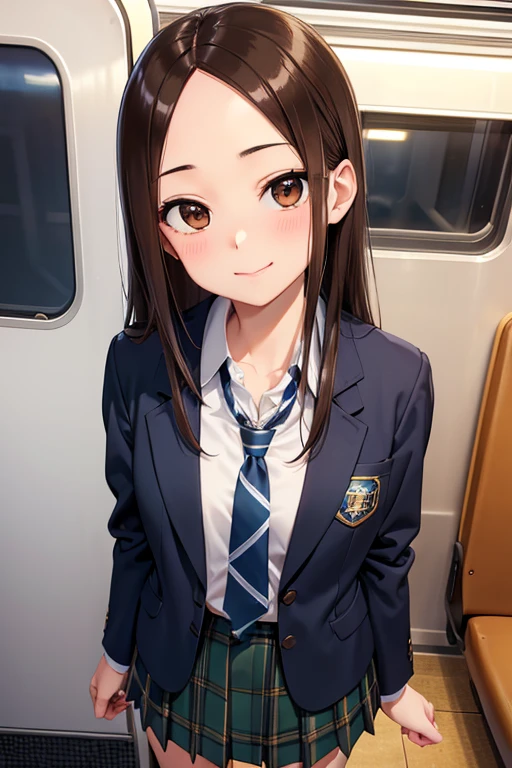 Takagi-san、Shiny brown hair, Long Hair,((Medium chest、Forehead、Center part))、 美しいBrown eyes、smile、Sparkling eyes, (fine grain)、Very fine eye、非常にDetailed face, Highly detailed eyes, Cowboy Shot、 


masterpiece、Highest quality、High resolution、Realistic、Bright lighting、Professional Lighting、Face Light、Smooth lighting、
、Cute uniform girl、A 16-year-old beaufull wit sexy and cute expression, 美しい and sexy face、、Dark blue blazer with emblem on left chest、White blouse、Dark green casual tie、Dark green and dark navy tartan check mini skirt、Dark navy blue socks、Brown leather shoes、Brown Loafers、
so beautiful、Beautiful Skin、Beautiful and detailed、Detailed face、Brown eyes、Beautiful feet、Standing on the train、smile、Full Body Shot、turn around、