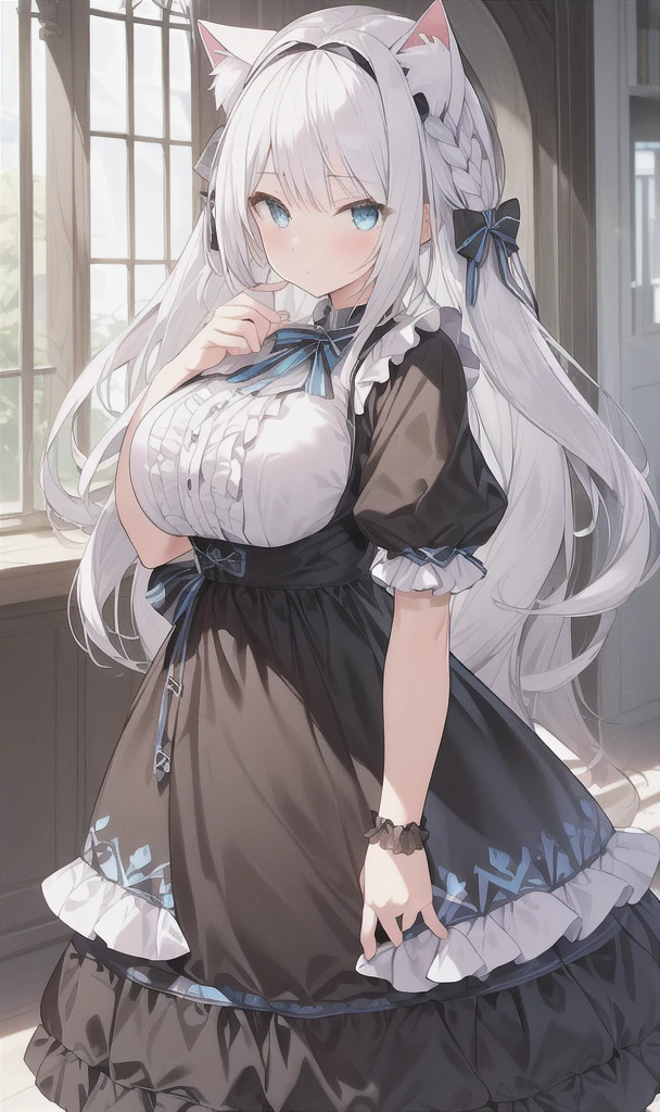 Standing portrait, front view, large breasts, braids, cat ears, white hair, blue eyes, frills, girl's clothes