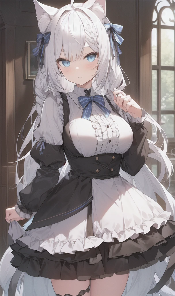 Standing portrait, front view, large breasts, braids, cat ears, white hair, blue eyes, frills, girl's clothes