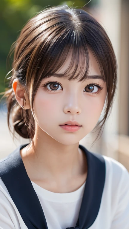 One Girl,(1人のとてもcute女の子:1.3),masterpiece,Highest quality,High resolution,beautiful girl,(18-year-old:1.3),cute,Big eyes,(Detailed pupil:1.2),(The face is facing straight ahead:1.3),Body facing forward,Beautiful Nose,Fuller lips,Short black hair,ponytail,short hair,Fine eyelashes,Thin eyebrows,Definition of very fine particles,(Symmetrical eyes:1.3),(Face close-up,Face Focus:1.0),Sailor suit,Student Style,Portraiture,Show Viewer,Cinema Lighting,High resolution,Very detailed