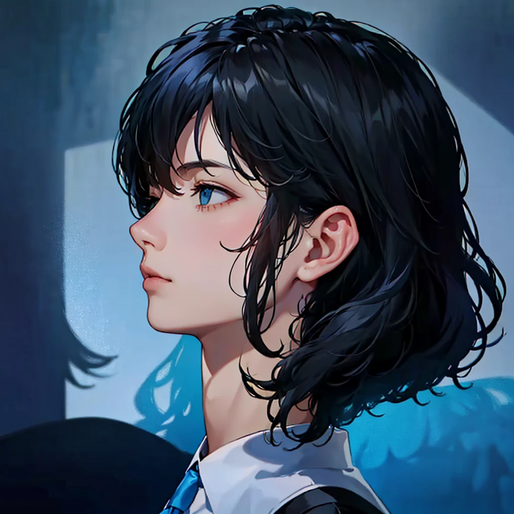 Profile facing right、Looking straight to the side with left hand under chin、Her hair is swept back with an up-bang.、Two Block、Black Hair、Perm、Light blue shirt、No tie、Kind of like a counselor、Soft atmosphere、Simple illustration、The background is gray、No shadow depiction、One man