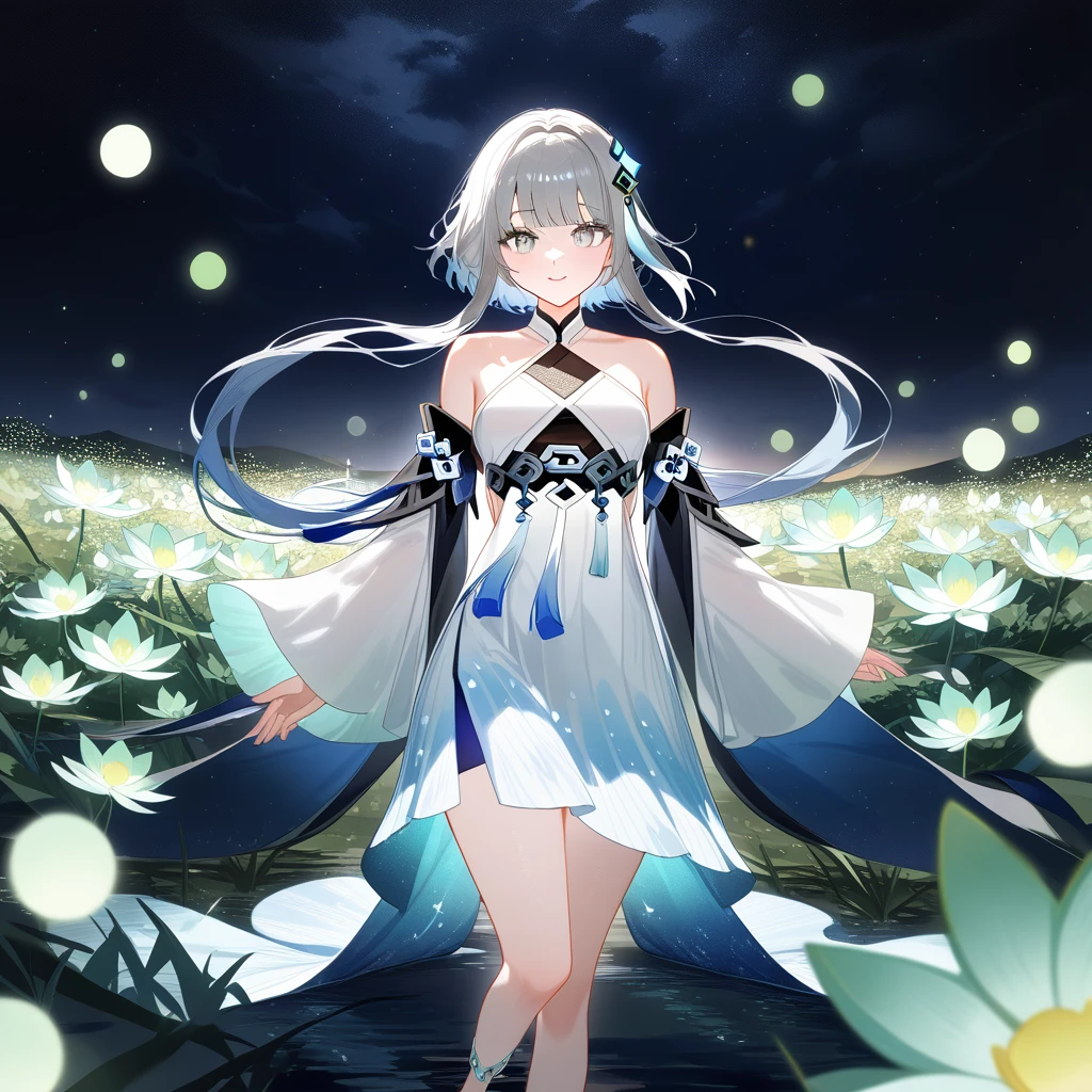 1girl, guizhong_\(genshin_impact\),(grey hair),short_hair_with_long_locks in front and low ponytail in back,gradient_hair,(pale grey eyes with seafoam gradient),starry_sky_print,detached_sleeves white outside blue starry inside, hands completely hidden by long sleeves,stunning field of softly glowing cerulean and white glaze lilies,night scene,gentle smile,face focus, eye focus,ladyshadow,moonlight,glossy lips,vivid anime coloring,cel shading,smooth, soft dreamy focus,anklet,halter_top,white clothes,highly detailed,digital painting,bare_shoulders,barefoot,cool night tones, magical night scene,bokeh, professional,anemo colored fireflies,nebula of stardust and silvery vapor,harmonious blend of nature and art,transcendent beauty,awe-inspiring artwork,(best quality,4k,8k,highres,masterpiece:1.2),cosmic stardust