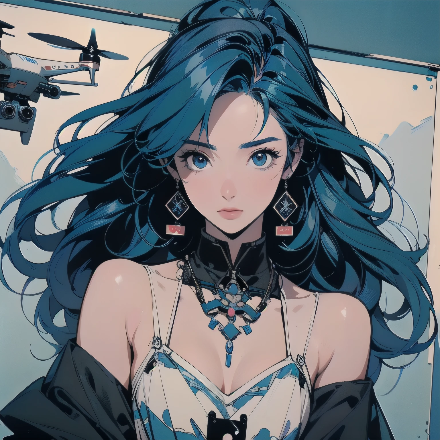 Trigun、Persona、Beautiful woman、Movie Posters、Upper Body、Model pose、mysterious、Small breasts、Black Hair、Short sleeve、(((A detailed and complex drone)))、(((The perfect drone)))、(((Blue hair color)))、Gorgeous detailed hair ornament