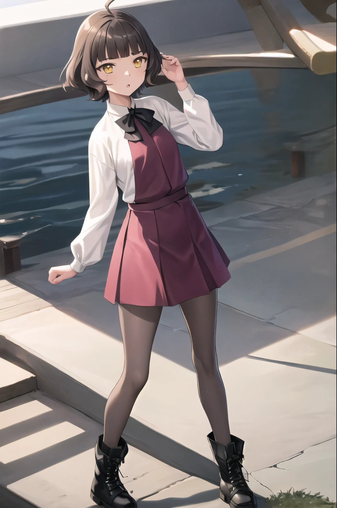 One girl, alone,
kishinami \(Kantai Collection\), Ahoge, Brown Hair, short hair, Wavy Hair, Yellow Eyes, Blunt bangs, Small breasts,
Aquabow, Aquabowtie, Grey pantyhose, Long sleeve, Pleated dress, Purple Dress, school uniform, Seamed legwear, White shirt, Halter neck, boots,
Outdoor, whole body, Are standing