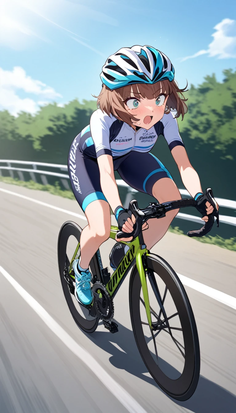A girl riding a road bike and pedaling with all her might、Chestnut Hair、Shaggy Cut、Hard Face、cap、Cycling Wear、sneakers
